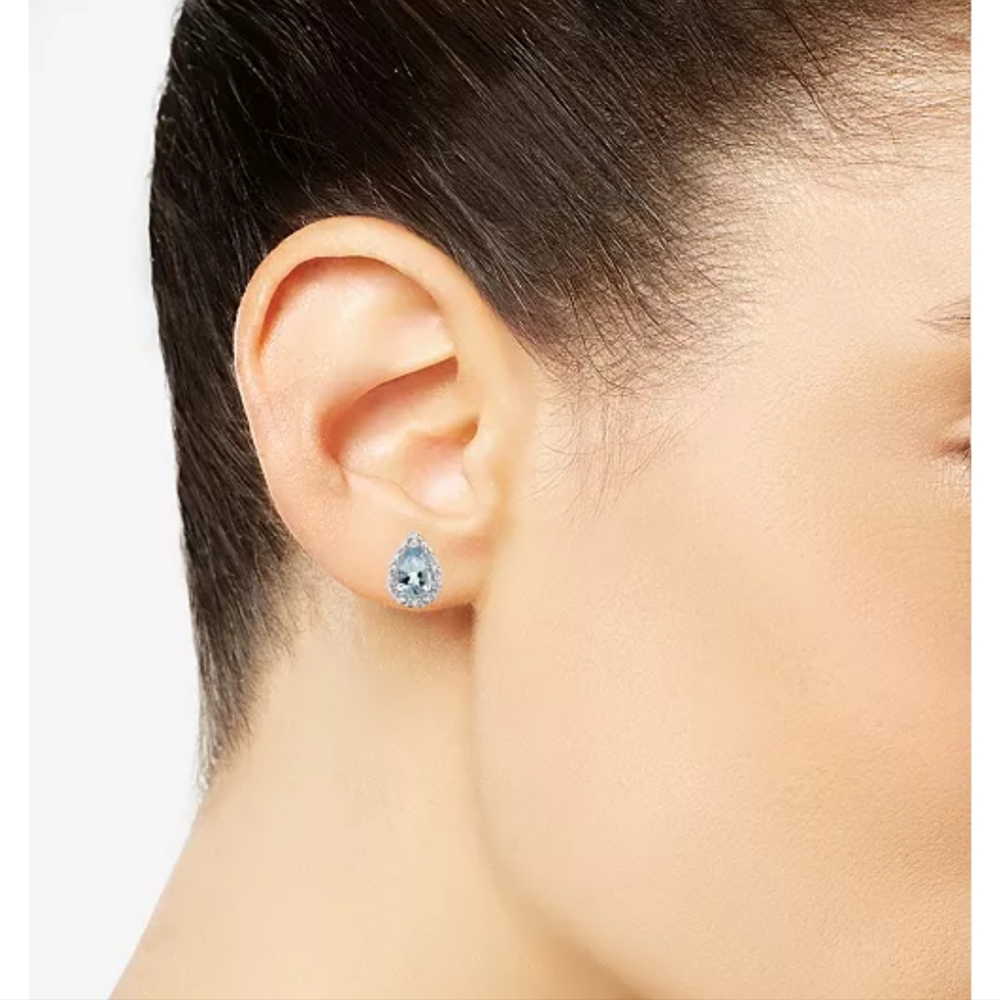 Aquamarine Gemstone and Diamond Accent Sterling Silver Stud Earrings - Picture 2 of 7